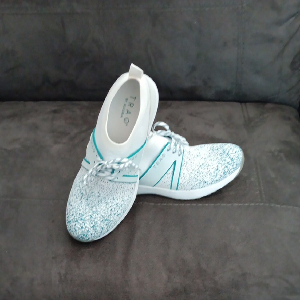 Traq by Alegria White and Teal Speckled Sneakers - Picture 1 of 7